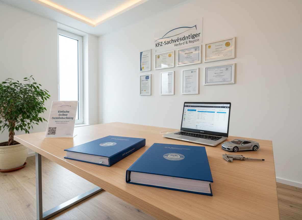 Interior scene of a bright, modern KFZ-Sachverständiger office in Germany, featuring a large, light-wood desk with two neatly stacked vehicle valuation reports, a sleek laptop showing a digital valuation interface, and a small model car placed beside a metal inspection caliper. On the wall behind the desk hang several framed certificates and professional qualifications, their seals and signatures visible but not legible. Soft natural daylight from a side window mixes with warm, indirect ceiling lighting, creating an inviting yet strictly professional atmosphere. Photographed with a wide-angle lens at eye level, with clear, crisp focus across the entire room. The composition is orderly and minimalist, conveying reliability, transparency, and easy online contact for clients from Herford and the surrounding region.