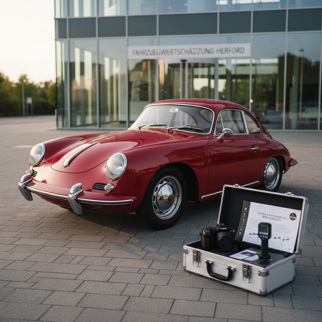 A meticulously composed photographic scene illustrating vehicle valuation: a well-maintained classic German coupe with deep glossy red paint parked diagonally in front of a modern, glass-fronted building suggestive of an appraisal office in the Herford region. On a portable inspection case in the foreground lie a paint thickness gauge, a high-end camera, and a neatly arranged bound valuation report with visible charts and diagrams. Soft late-afternoon light creates subtle reflections on the car’s bodywork and gentle shadows, emphasizing contours and flawless condition. Shot from a three-quarter front angle with the car placed using rule of thirds, background tastefully blurred. The atmosphere is aspirational yet businesslike, highlighting professional value appraisals for special and classic vehicles.