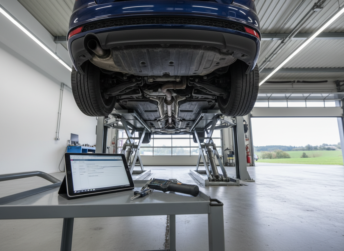 A clean, high-detail photographic image of an undercarriage inspection scene: a dark blue station wagon elevated on a modern hydraulic lift in a spotless German workshop. Beneath the vehicle, on a rolling tool cart, lie a tablet showing a structured damage report layout, a measuring gauge, and a small LED lamp casting clear light on suspension components and exhaust. Overhead, cool white workshop lighting produces even, shadow-revealing illumination that highlights textures of metal, rubber, and paint. Captured from a low-angle perspective looking along the underside of the car toward the open workshop bay, with controlled depth of field ensuring all relevant parts are crisp. The mood is highly technical and methodical, focused on precise damage assessment for expert reports.