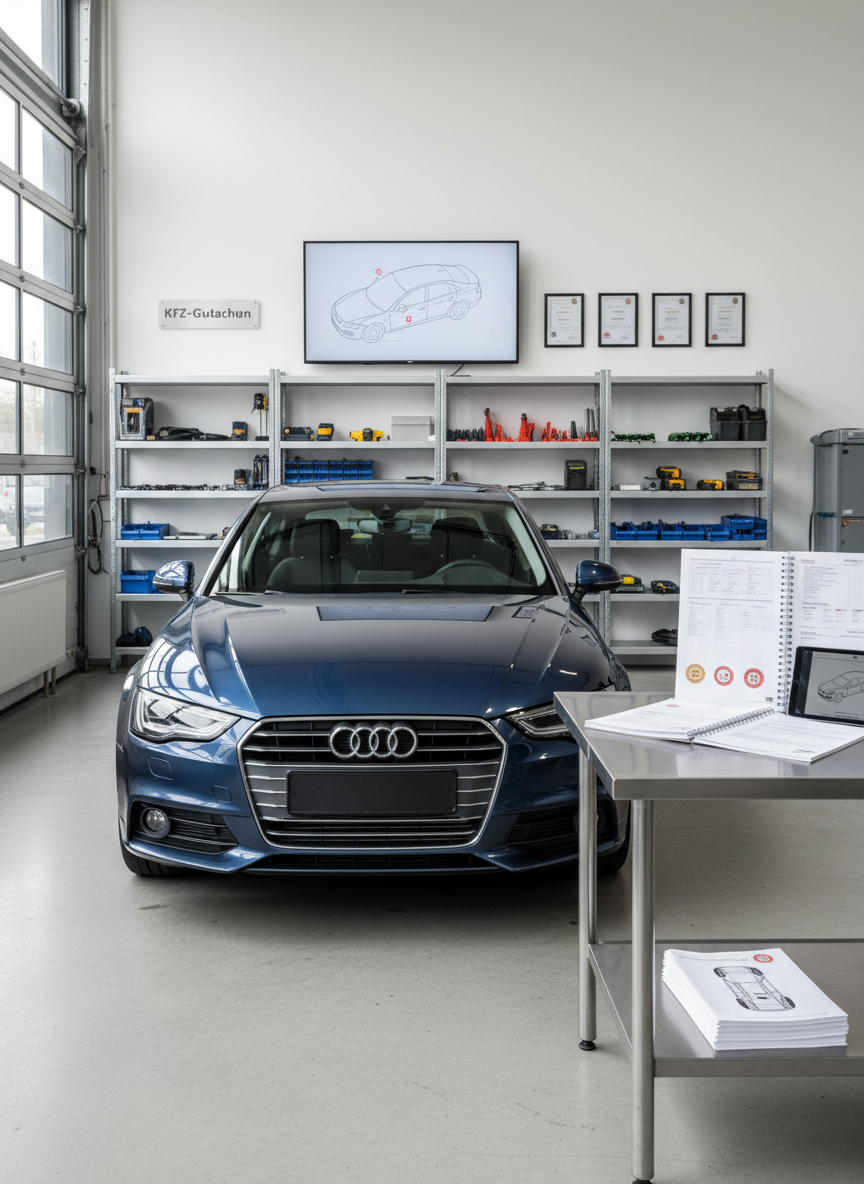 A modern German KFZ-Gutachten scene with a dark metallic mid-size car parked precisely on a clean, light-grey workshop floor, every panel clearly visible. Open on a sturdy inspection table lies a detailed accident report and printed vehicle valuation, with neat diagrams and stamped certification seals subtly visible but not readable. In the background, shelves with organized measuring tools, a laptop showing a schematic car outline, and a wall with clean, framed certificates. Neutral daylight from large side windows creates soft, even illumination and gentle reflections on the car’s paint. Photographed at eye level with sharp focus and a clean, professional, photographic realism that conveys trust, precision, and seriousness for Herford-area vehicle assessments.