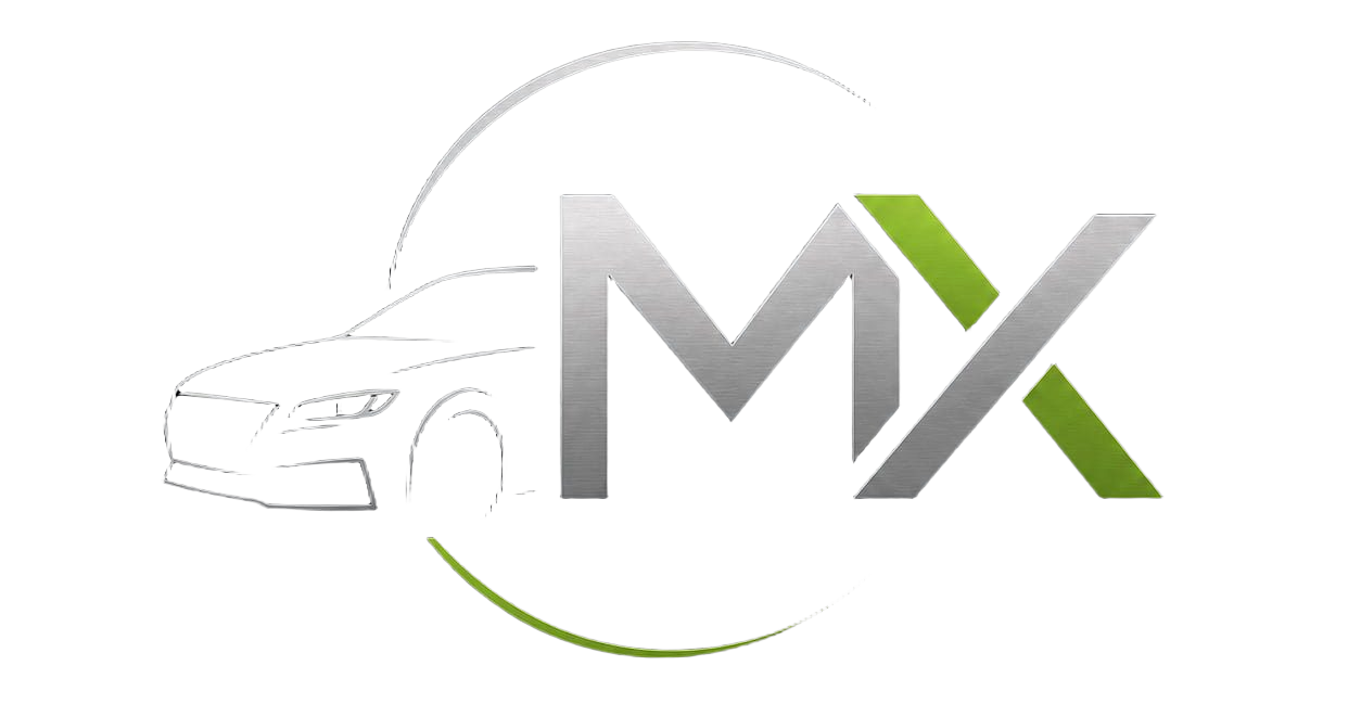 Remove the background from this logo image, making it fully transparent. Keep the MX letters, the car silhouette, and the green/silver design elements exactly as they are.
