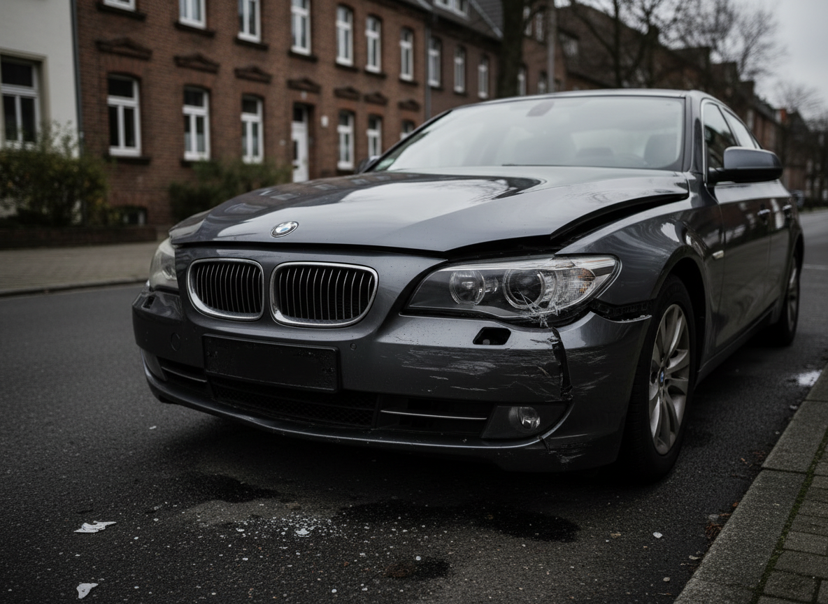 Realistic photograph of a real car accident damage: a dark grey sedan with a heavily dented front bumper, crumpled hood, and broken headlight assembly. The damage is clearly visible and realistic – deep dents, cracked plastic, paint scraped off. The car is parked on a German street under natural overcast daylight. Background is slightly blurred – typical German residential street with brick buildings. Dark, muted color grading to match a professional dark-themed automotive assessment website. No CGI, no illustration – must look like a real documentary photo of actual crash damage. No people visible.