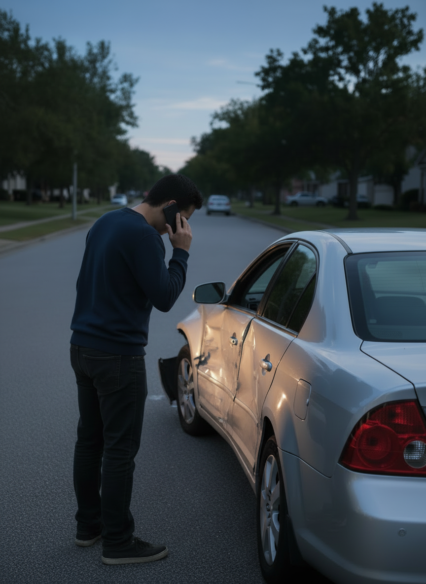 Den sichtbaren Schaden am Auto deutlich auffälliger darstellen, ohne die Szene künstlich oder dramatisch wirken zu lassen: klar erkennbare Dellen, Kratzer und eine eingedrückte Seitenpartie am Kotflügel beziehungsweise an der vorderen Fahrzeugseite. Der Schaden soll im Abendlicht gut lesbar sein und als Unfallfolgeschaden sofort ins Auge fallen. Die natürliche, dokumentarische Alltagsszene beibehalten: Kunde in schlichter Alltagskleidung von hinten oder seitlich ohne sichtbares Gesicht, dezentes Telefonieren, blau-graue Dämmerung und zurückhaltende warme Beleuchtung. Keine Verletzungen, keine Logos, keine lesbaren Texte.